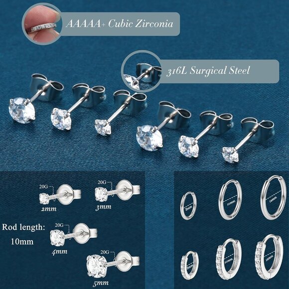 10 Pairs Hypoallergenic Surgical Steel Earrings Set for Multiple Piercings, Silv - Picture 2 of 7